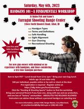 Flyer for May 6, 2023 Handguns 101 workshop at the Farragut Shooting Range Center in Athol