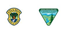 A yellow Idaho Fish and Game logo with an elk, fish, and mountain next to a green and blue Bureau of Land Mangement logo featuring a stream, mountain, and pine tree