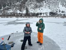 Two local anglers enjoying ice fishing on Johnson Pond