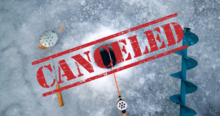 Ice fishing hole with the words "cancelled" over the top