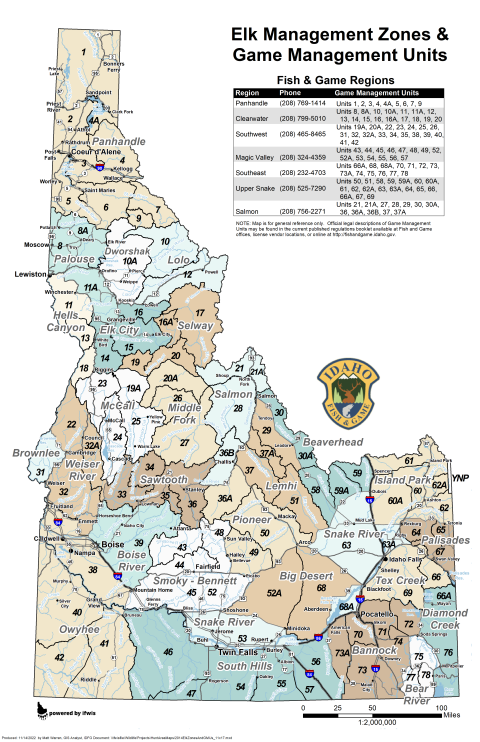 A map of Idaho with sections, labels, and numbers showing Elk Management Zones and Game Management Units.